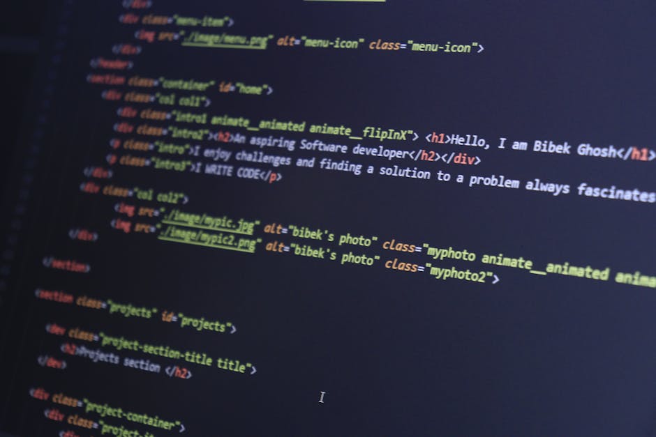 A computer screen displaying a code editor with an open HTML file named 'index.html'. The code is predominantly HTML markup with syntax highlighting, showing elements such as the DOCTYPE declaration, 